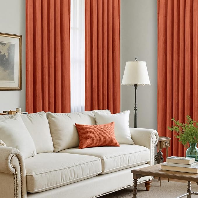 LAMIT Terracotta Velvet Curtains 108 Inch, Thermal Insulated Room Darkening Drapes for Living Room Bedroom Rustic Vintage Noise Reducing Panels with Back Tab and Rod Pocket, 2 Panels, 52 x 108 Inch