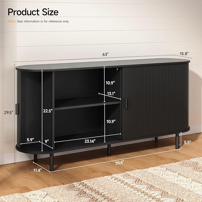ONBRILL 63" Sideboard Buffet Cabinet with Storage, Storage Cabinet with Sliding Door & Adjustable Shelf, Modern Accent Coffee Bar Console Table for Kitchen, Entryway, Black