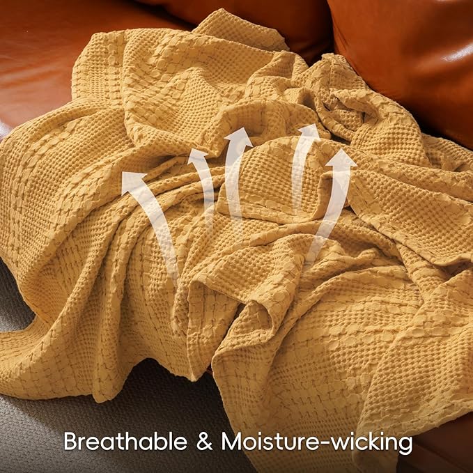 PHF 100% Cotton Waffle Weave Blanket Queen Size for Bed, Soft Lightweight & Breathable, All-Season Comfort, Luxury Aesthetic Woven Bedding for Home Decor, 90"x90", Pumpkin Orange