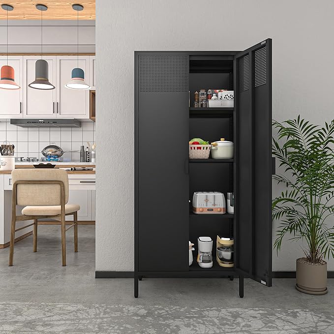 COFaR 4 Tier Black Metal Storage Cabinet, Free Standing with 2 Doors, 3 Adjustable Shelves and Legs, Cupboard Metal Cabinet for Living Room, Kitchen, Dining Room, Office