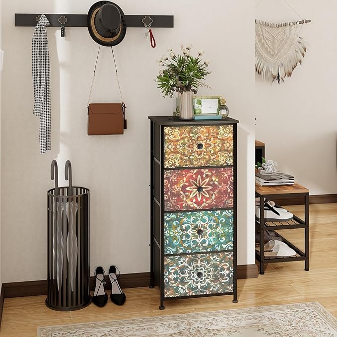 GiftGo Retro Dresser with Fabric Drawers Boho Mandala Flower Chest of Drawers Narrow Storage Tower for Small Spaces Gaps Bedroom Beautiful Nightstand Living Room Table (Mandala, 4 Drawers)