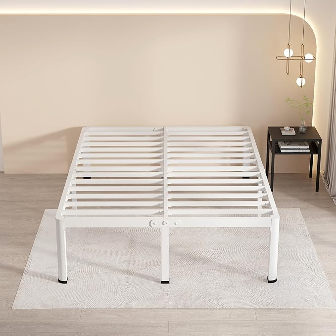 MAF 12 Inch Queen Metal Platform Bed Frame White with Round Corner Legs, Mattress Slide Stopper, 3000 LBS Heavy Duty Steel Slats Support, Noise Free, No Box Spring Needed, Easy Assembly
