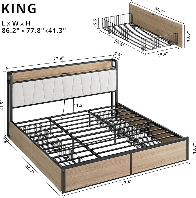 LIKIMIO King Bed Frame with 4 Storage Drawers, Platform Bed with Charged Headboard, Sturdy and Stable, No Noise, No Box Spring Needed, Easy to Install, Wood and Cream