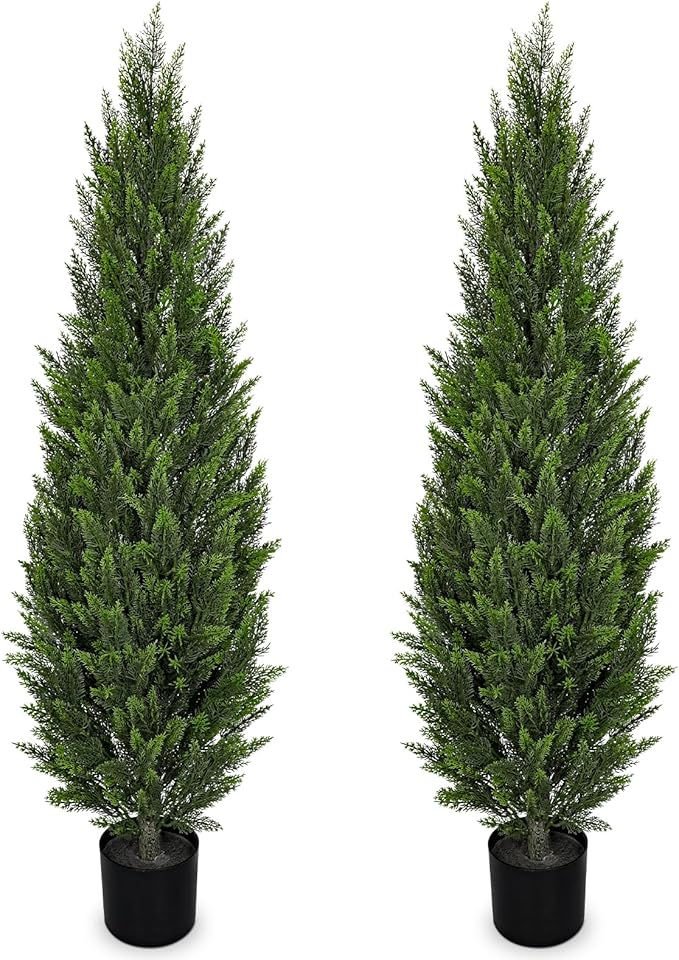 Briful 5ft Cedar Topiary Trees Artificial Outdoor Set of 2, Realistic Faux Cedar Pines with Pots, UV Resistant Christmas Greenery for Holiday Decor, Indoor Farmhouse Entryway Patio Door Plants