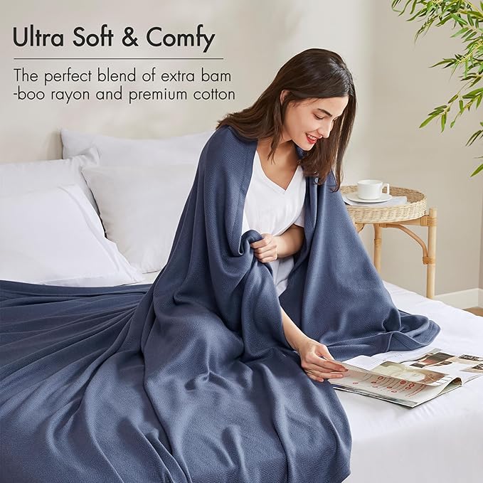 Madison Park Queen Size Blanket, 70% Rayon Bamboo-Based, 30% Cotton, Breathable for Hot Sleepers Menopause, Ultra Soft and Snag-Resistant, Summer Blanket for Bed or Couch, Queen 90"x90" Navy