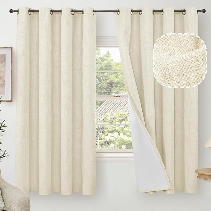 60 Inch Wide Linen Blackout Curtains for Bedroom 63 Inch Length 2 Panels, Total Black Out Thermal Insulated Energy Efficiency Grommet Boho Window Drapes White Liner for Modern Farmhouse, Cream