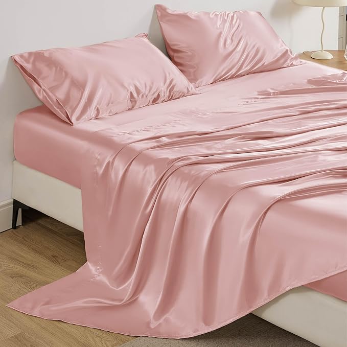 Bedsure Satin Sheets King Size - 4 Piece Silky Bedsheets with 15 Inches Deep Pocket Fitted Bedsheet,1 Flat Sheet, 2 Satin Pillowcases, Good for Hair & Skin (King, Blush Pink)