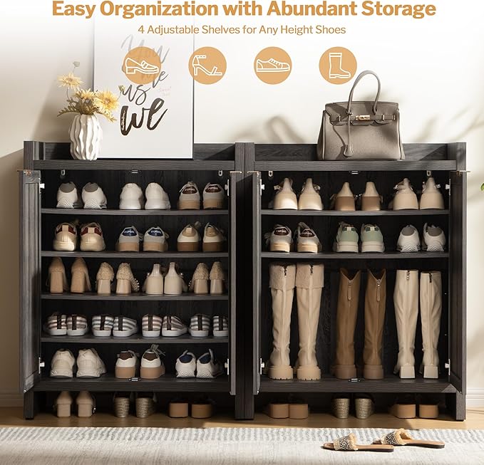 SICOTAS Shoe Cabinet Set of 2, Large Capacity Shoe Storage Organizer Cabinet, Tall Rattan Shoe Cabinet with Doors and Shelves, 6-Tier Farmhouse Boho Wooden Storage Cabinet for Entryway, Black Oak