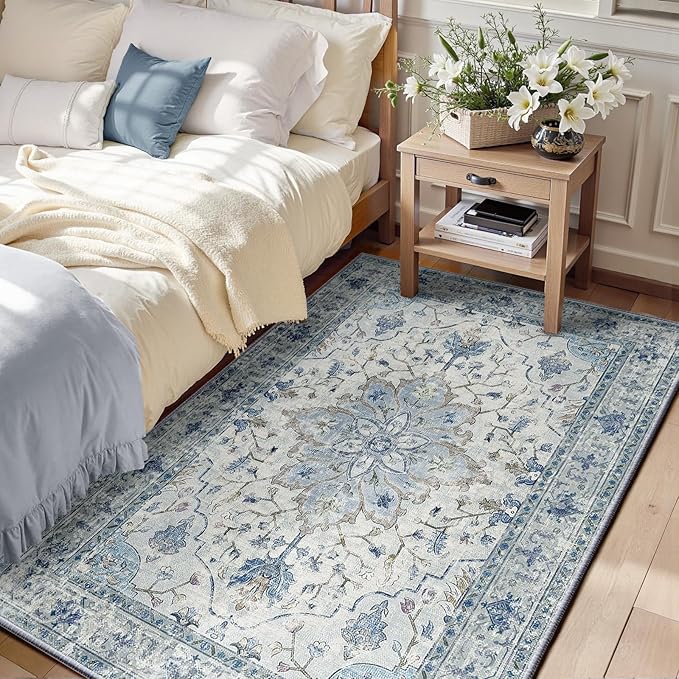 Area Rugs 3'x4' Washable Non-Slip, Floral Vintage Distress Print Pattern Medallion Carpet for Living Room Bedroom Dining Room, Light Blue Navy Beige Gray White