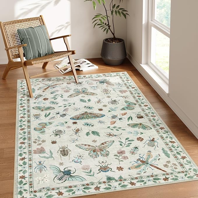 Lahome Insect Machine Washable Rug, 3x5 Rug Non Slip Soft Bedroom Rugs for Entryway Dorm, Ultra-Thin Rugs for Living Room Stain Resistan Throw Carpet for Nursery Entrance, Beige