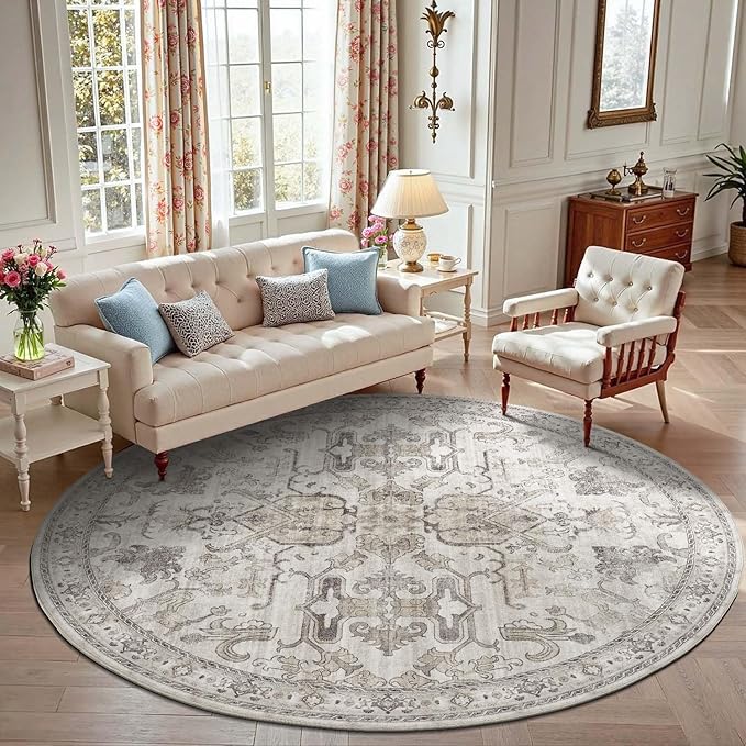 jinchan Round Rug 8ft Area Rug Vintage Floor Mat Kitchen Indoor Ultra-Thin Soft Floral Print Washable Circle 8' Accent for Farmhouse Non Slip Dining Room Living Room Bedroom Office Taupe