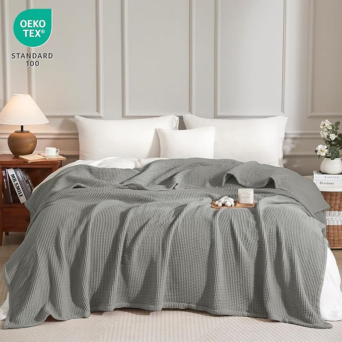 PHF 100% Cotton Waffle & Muslin Blanket Queen Size, Soft Breathable Luxury 400GSM Versatile Reversible Bedding for Bed, Great for Layering in Cold Weather, Home Decor Gift, 90" x 90", Frosted Grey