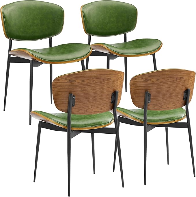 Art Leon Dining Chairs Set of 4 - Walnut Bentwood, Mid Century Modern Dining Room Chairs, Faux Leather Upholstered Desk Chair with Black Metal Legs, Green