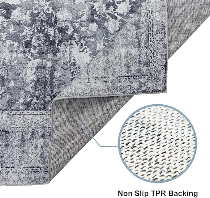 Area Rug 6×9, Large Vintage Boho Rug,Ultra-Soft Low Pile, Washable, Non Slip,Stain Resistant, Printed Carpet for Living Room Bedrooms Playroom Office Kitchen, Solid/Grey