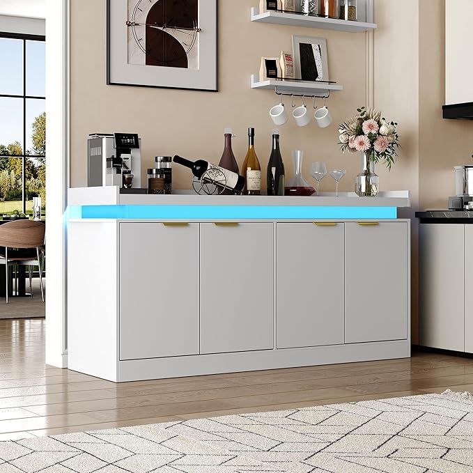 LED Sideboard Buffet Cabinet with Storage, 63'' Large Kitchen Buffet Cabinet Storage Cabinets with 4 Doors, Wood Coffee Bar Cabinets Buffet Table for Kitchen, Dining Room, Entryway