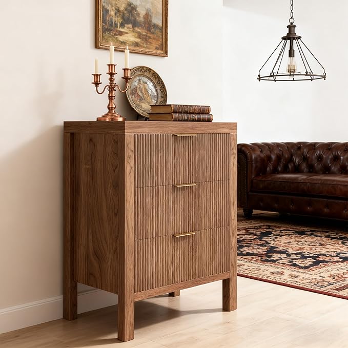 End Table with Storage, Wooden Farmhouse Nightstands with 3 Drawers, Bedside Table - Boho Tall Side Table Accent for Bedroom, Living Room, Walnut