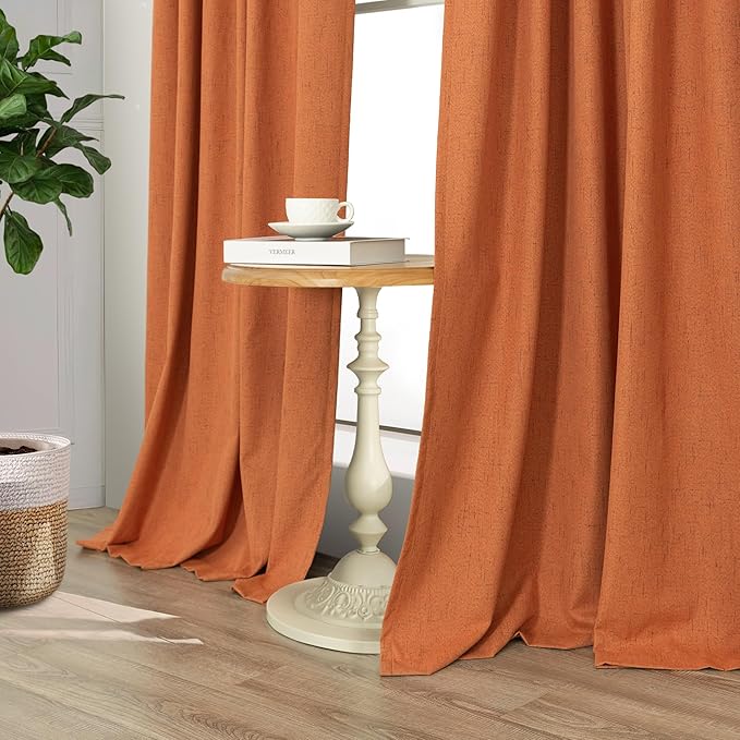 Burnt Orange 100% Blackout Window Curtain Panels Light Blocking Linen Boho Black Out Drape for Nursery 84 Inch Long Thermal Insulated Draperies for Living Room Bedroom Fall Decor 2 Pieces 52x84 Length