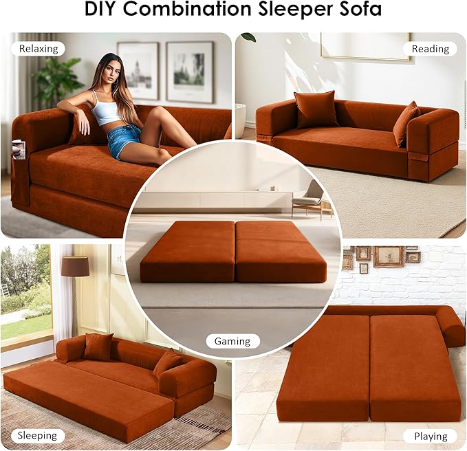 80" Convertible Sofa Bed, 3-in-1 Corduroy Folding Pull Out Couch with Pillows, No Assembly Modern Boneless Couch Compression Sofa in Box, Floor Sofa with Side Storage Pocket for Living Room, Orange