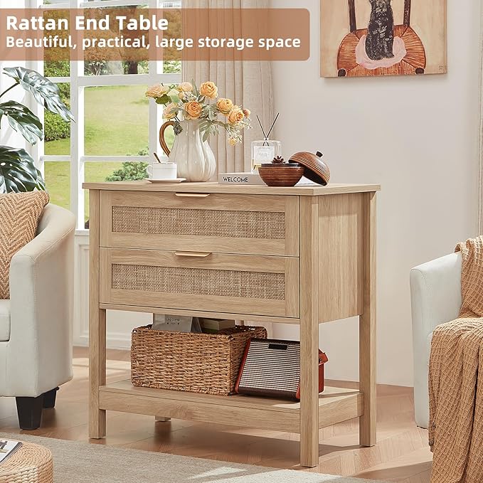 LEYAOYAO 31.5" Wide Rattan Night Stand, Oversized Large Boho Nightstand with 2 Drawer, Natural Wood Bed Side End Tables with Storage Shelf, Tall Bedside Table for Bedroom Living Room, Hallway