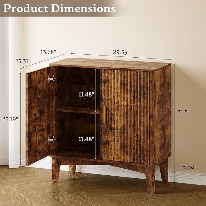 Storage Cabinet with Doors and Adjustable Shelf, Modern Fluted Sideboard Buffet Cabinet, Freestanding Coffee Bar for Kitchen, Pantry, Entryway, Living Room (Rustic Brown)