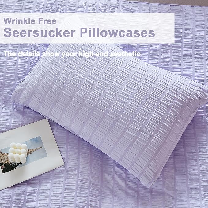 AveLom Lavender Purple Seersucker Duvet Cover Set Queen (90 x 90 inches), 3 Pieces (1 Duvet Cover + 2 Pillow Cases), Ultra Soft Washed Microfiber, Textured Duvet Cover with Zipper Closure, Corner Ties