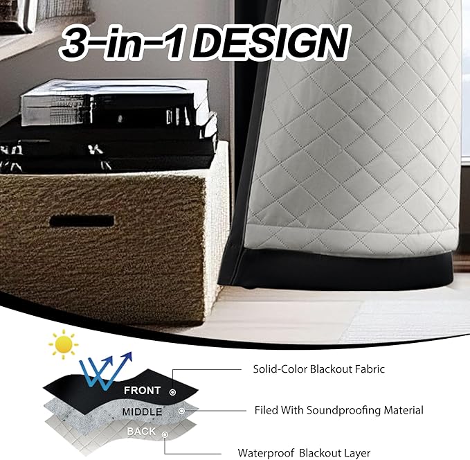Soundproof 3 Layers Heavy Curtains Full Blackout Thermal Insulating Curtains for Bedroom Living Room (Black, 1 Panel 50x96 Inch)