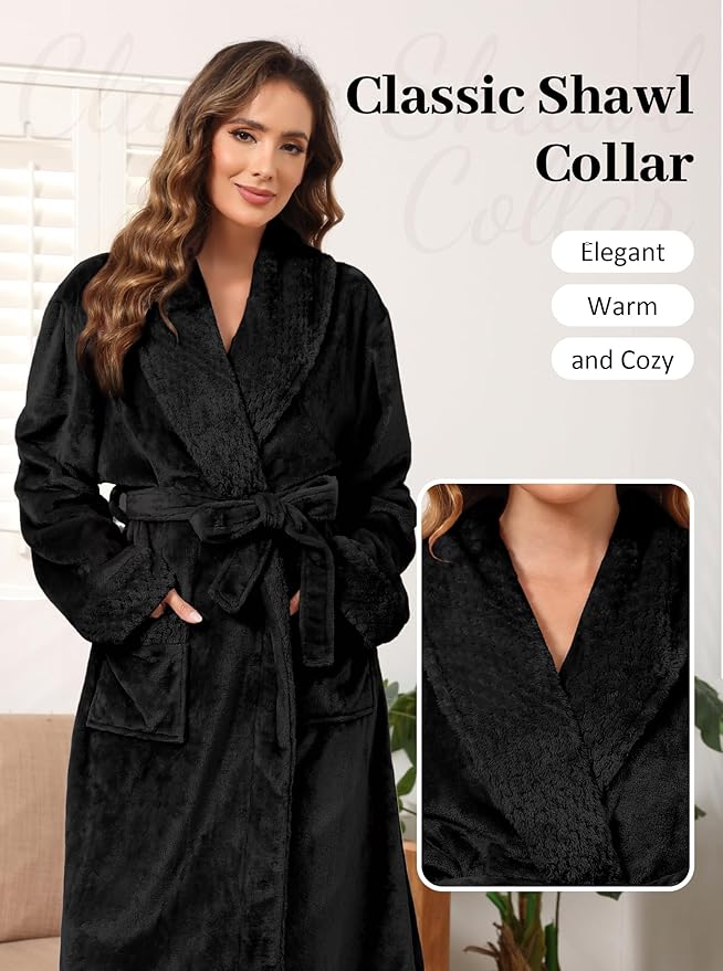 Artfasion Womens Long Fleece Robe - Warm Soft Floor Length Flannel Bathrobes for Winter Thicker Long House Coat with Pockets