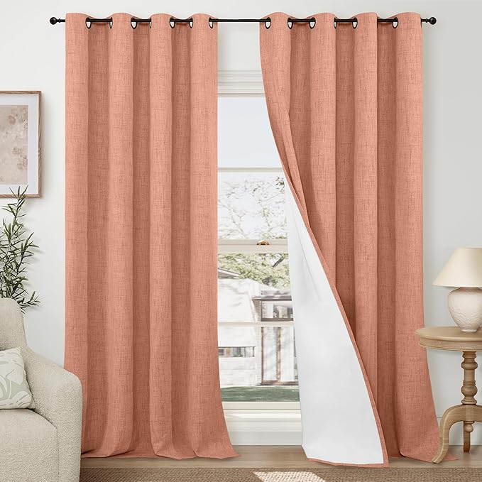 Terracotta Linen Blackout Curtains for Living Room 60 Inch Wide, Boho Farmhouse Curtains 84 Inch Long, Total Black Out Thermal Insulated Boho Window Drapes, Each Set 60x84 Inch 2 Panels