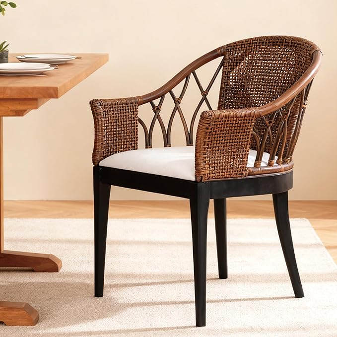 DUHOME Wood Rattan Arm Accent Chair Natural Wash/White Cushion Side Armchair Gianni Brown & Black Solid Living Room Chair for Dining Room Bedroom Office Foyer Arm Chair