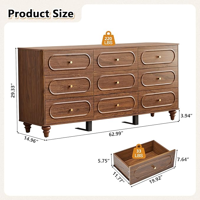 9 Drawer Fluted Dresser for Bedroom, Mid Century Modern Chest of Drawers, Wood Storage Small Dresser Organizer for Bedroom Living Room Hallway Closet, Walnut