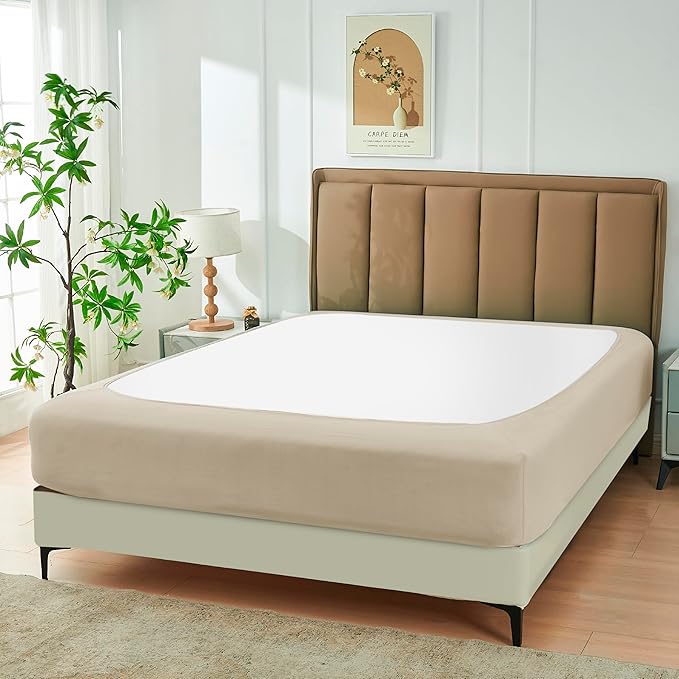 Biscaynebay Decorative Box Spring Cover Queen Size, Light Camel Luxurious Jersey Knitting Stretchy Wrap Around 4 Sides Bed Skirt for Home/Hotels, Easy Fit Wrinkle & Fade Free Machine Washable