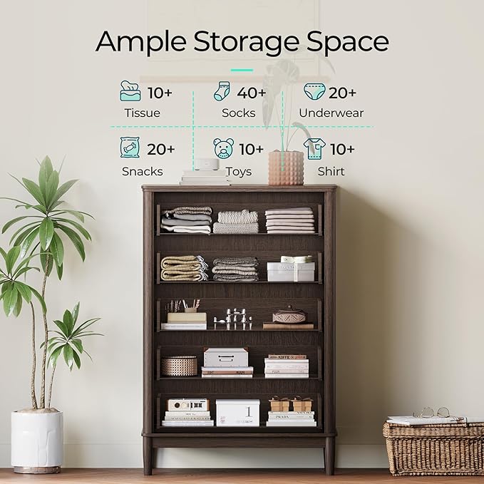 LINSY HOME Rattan Dresser for Bedroom with 5 Drawers, 46" Tall Chest of Drawers, Mid Century Modern Dresser TV Stand with Metal Handle, Wood Closet Storage Cabinet for Living Room, Hallway, Walnut