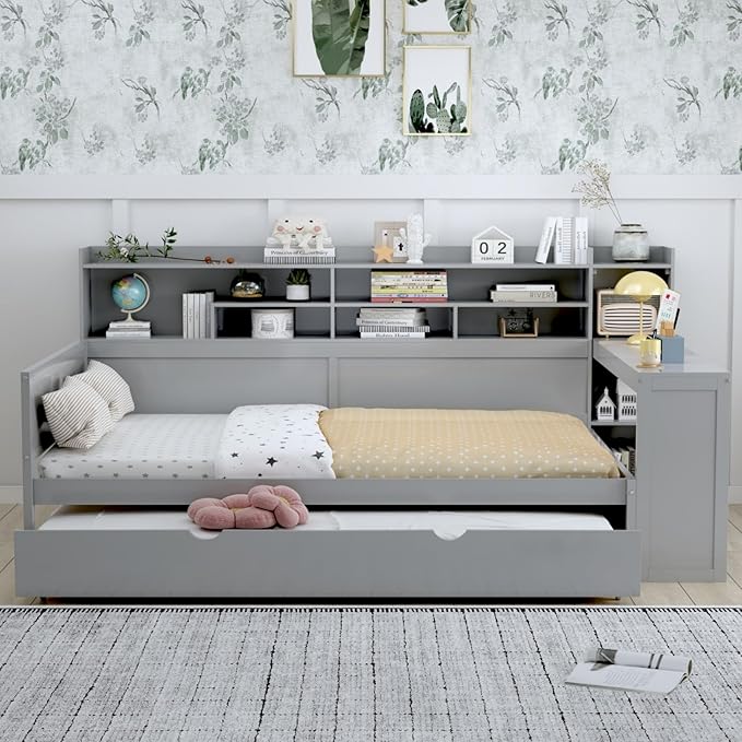 Merax Full Size Corner Bed Frames with Desk and Trundle & Storage Shelves Headboard, Pinewood U-Shaped Captain Daybed for Small Room, Bedroom, Guest Room, Kids' Room, Grey