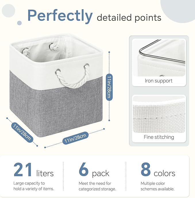 Fabric Cubes Storage Basket, 6 Pack 11x11 in with Handles Cube Storage Bins, for Shelves, Home, Office Organizers