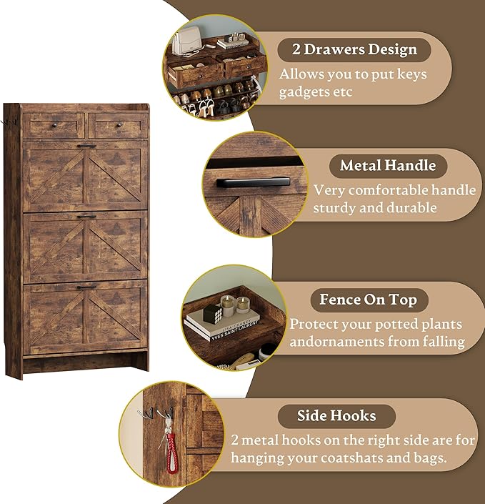 Shoe Storage Cabinet for Entryway, Farmhouse Narrow Shoe Cabinet with 3 Flip Drawers & 2 Top Drawers, Adjustable Shelves & Hooks, Freestanding Hidden Rack Organizer for Hallway, Foyer