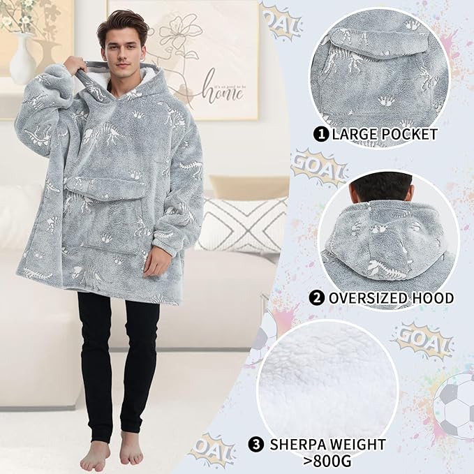 Wearable Blanket Hoodie for Adult,Oversized Sherpa Fleece Blanket Hoodie for Women Men,Glow in The Dark Dinosaur Fossil