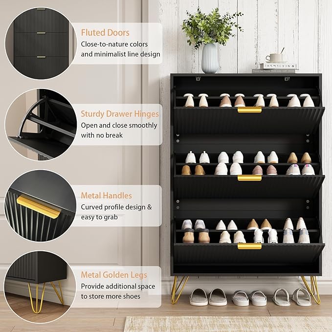 Shoe Cabinet with 3 Flip Drawers Narrow, Fluted Black Shoe Cabinet Storage for Entryway Slim, Hidden Shoe Storage Cabinet, Modern Freestanding Shoe Rack Organizer for Entryway, Black