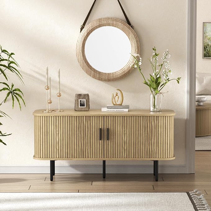 55''W Natural Storage Cabinet, Media Console, Tambour TV Stand, Television Stands with Curvy Edge; Sliding Door, Fluted Cabinet, Buffet Sideboard, Credenza, Table Stand for Living Room, Kitchen