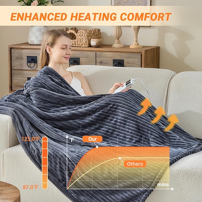 Heated Blanket Electric Queen, Soft Flannel Heating Blanket with 8 Hours Auto Off 10 Fast Heating Levels Machine Washable Sherpa Heated Blanket with Overheating Protection