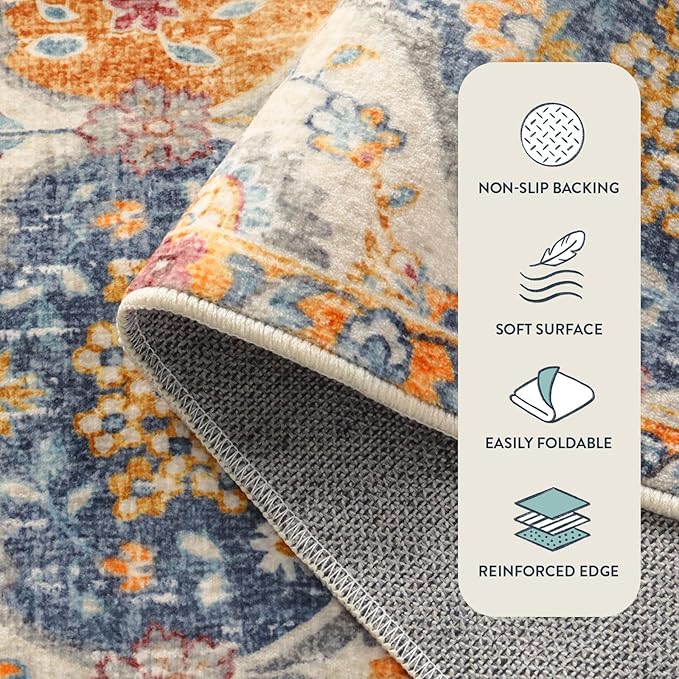 Lahome Moroccan Washable Kitchen Runner, 2x7 Runner Rug with Rubber Backing Non Slip, Vintage Hallway Rug Throw Carpet for Hallways Bedroom Laundry Room Entryway, Cream/Multi