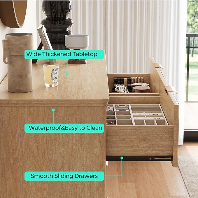 LINSY Fluted Dresser for Bedroom with 6 Drawers, Mid Century Modern Chest of Drawers with Gold Metal Handles, Wide Boho Wood Dressers, Large Farmhouse Storage Cabinet for Bedroom, Living Room, Oak