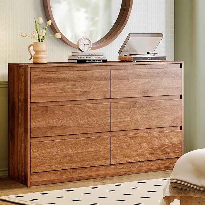 6 Drawer Dresser,47" Wide Mid Century Chest of Drawers,Wooden Bedroom Drawer Dresser with 6 Storage Drawers for Bedroom,Living Room,with Anti-Tipping Device,Dark Walnut