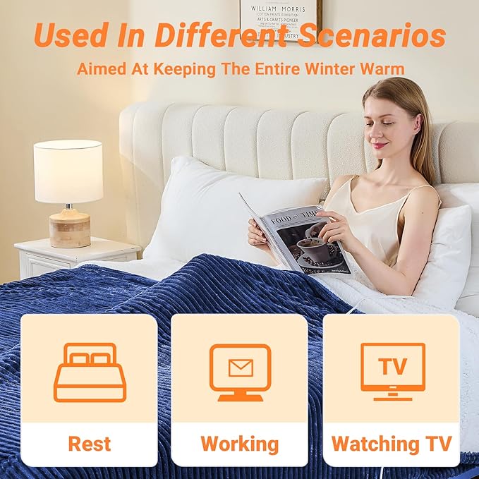 Heated Blanket Electric Throw, Soft Flannel Heating Blanket with 8 Hours Auto Off 10 Fast Heating Levels Machine Washable Sherpa Heated Blanket with Overheating Protection