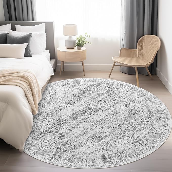 8x8 Grey Round Rug 8ft Living Room Circle Rug Vintage Round Area Rug Non Slip Indoor Carpet for Apartment