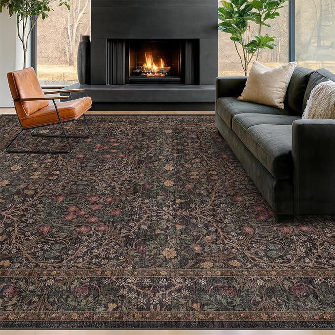 Vintage Dark Brown Washable 8x10 Living Room Rug, Non-Slip Large Area Rugs for Dining Room Under Table, Bedroom, Black Brown Floral Carpet with Deep Olive Accent, Low Pile Stain Resistant