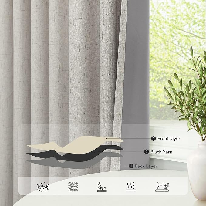 Blackout Linen Curtains 96 Inches Long for Living Room 2 Panel Set Black Out Light Blocking Back Tab Neutral Boho Farmhouse 96 Inch Curtain Drapes for Bedroom Window Earth Tone Stone Birch Taupe Tan