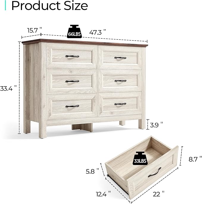 LINSY HOME 6 Drawers Dresser for Bedroom, 47" Wide Wooden Storage Chest with Antique Handles, Modern Farmhouse Dresser TV Stand with Wood Legs for Closet, Living Room, Hallway, Beige