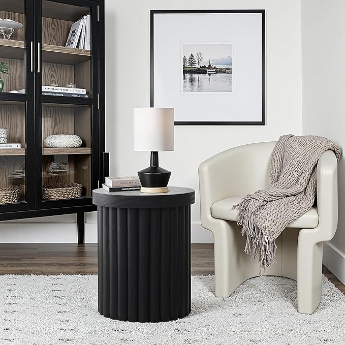 LuxenHome Wood Round Side Table, 19" Fluted End Table for Small Spaces, Mid Century Modern Black Wooden Accent Tables, Small Bedside Table, Couch Side Table, Nightstand for Living Room Bedroom Couch