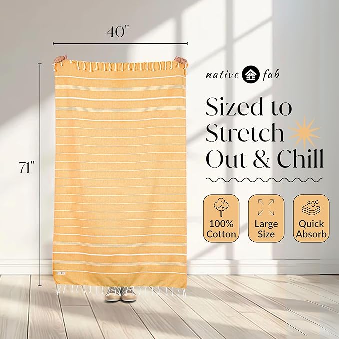 Native Fab Turkish Beach Towels 4 Pack, Oversized 40"x71", Quick Dry, Sand Free, Lightweight, Absorbent, Multipurpose Travel & Pool Towels - Orange, Mustard Yellow, Aqua Green, Turquoise Blue