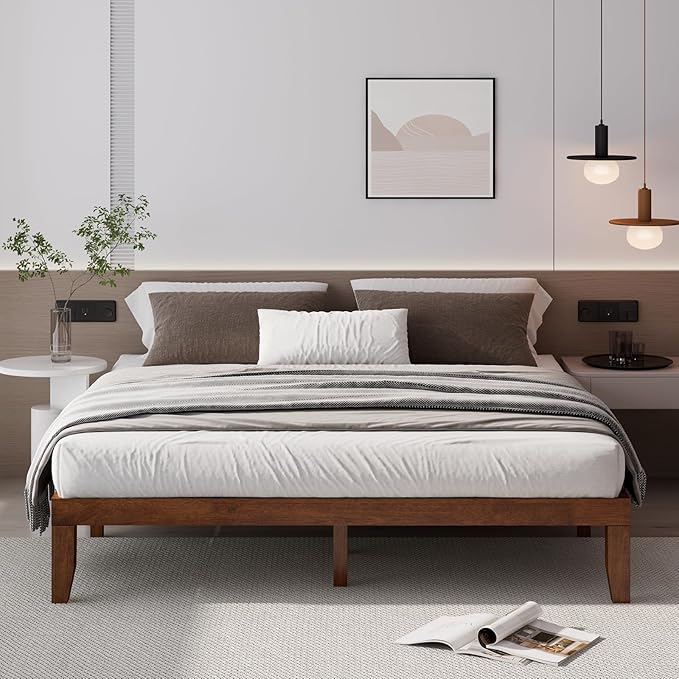 Giantex 14 Inch King Wood Platform Bed Frame, Minimalist Style Mattress Foundation with Solid Rubber Wood, Heavy Duty Slat Support, Without Headboard, Easy Assembly, No Box Spring Needed, Walnut